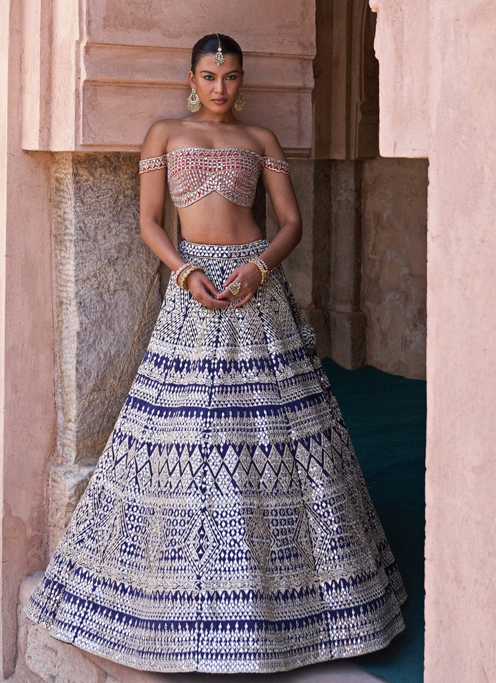 Midnight Blue And Orange Raw Silk Lehenga Set