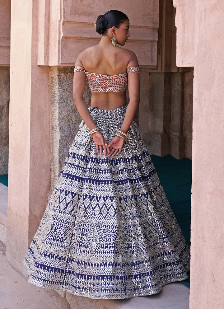 Midnight Blue And Orange Raw Silk Lehenga Set