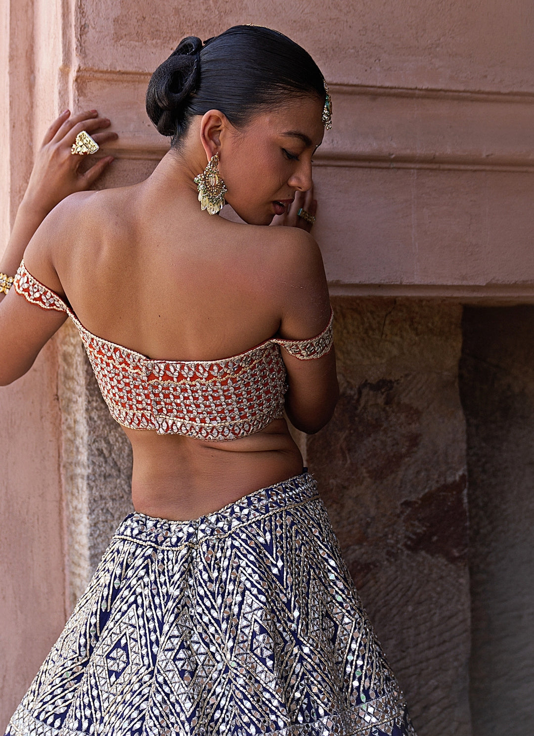 Midnight Blue And Orange Raw Silk Lehenga Set