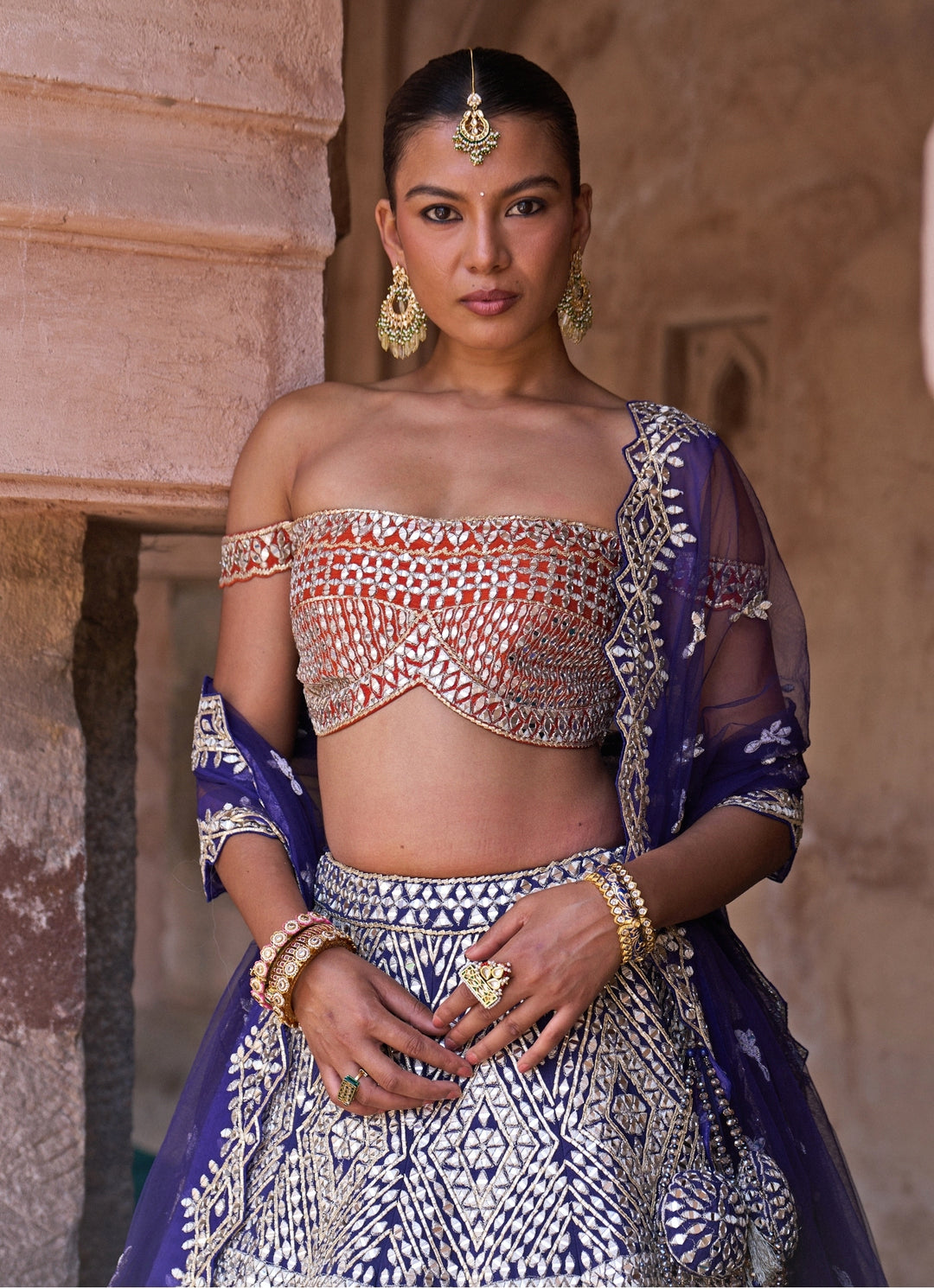 Midnight Blue And Orange Raw Silk Lehenga Set