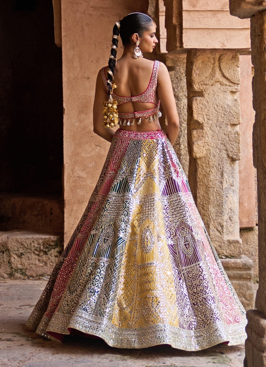 Multicolour Raw Silk Lehenga Set
