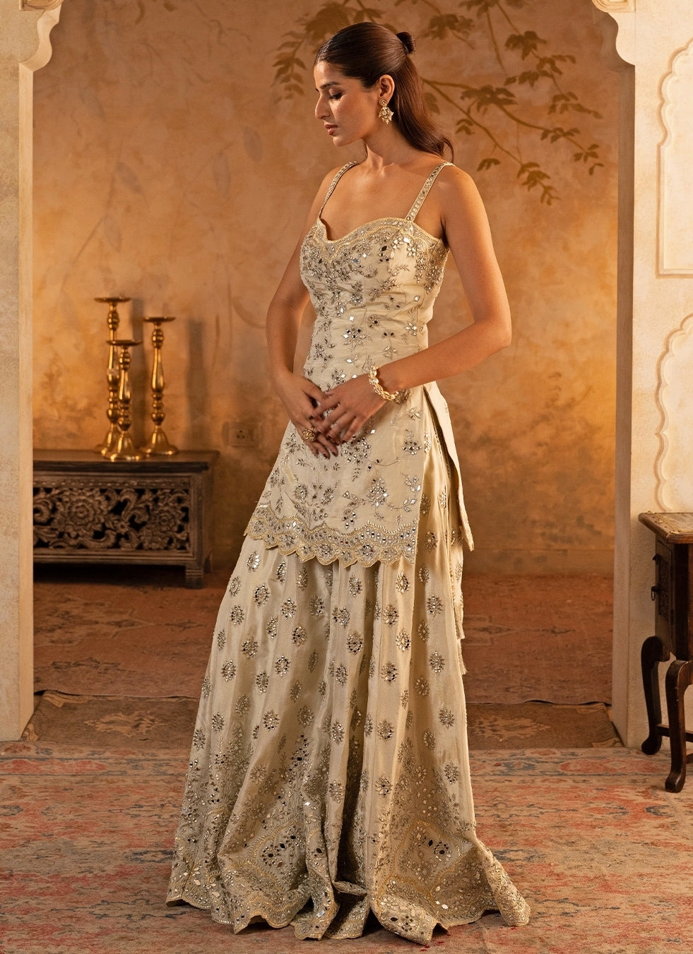 Gold Tissue Kurta Sharara Set