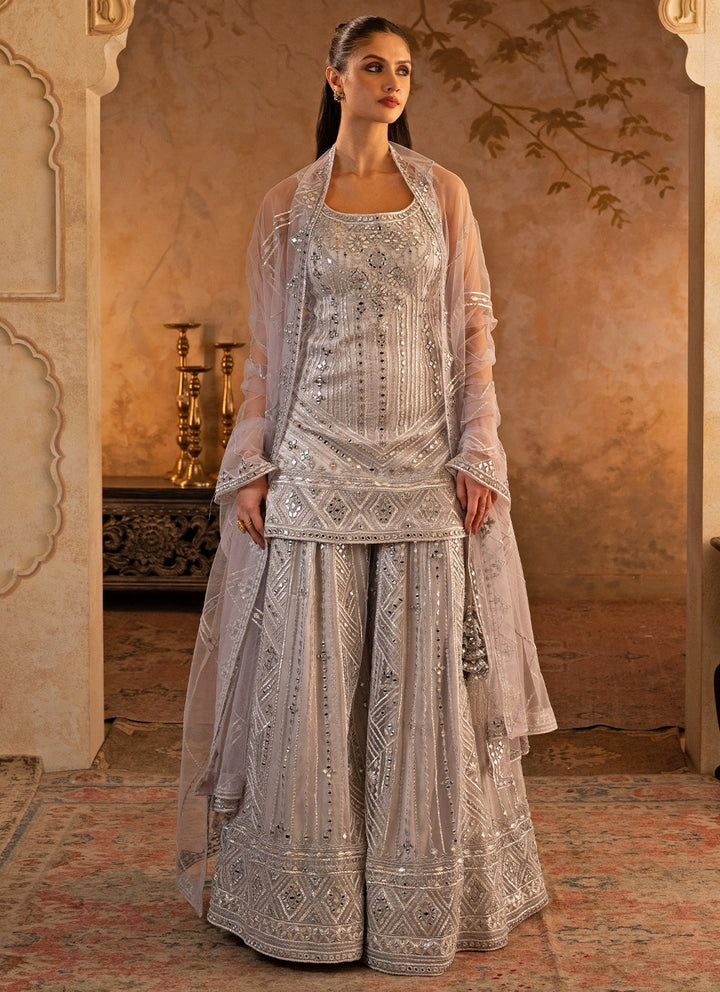 Grey Soft Net Kurta Sharara Set