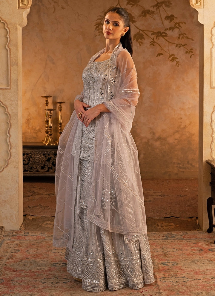 Grey Soft Net Kurta Sharara Set
