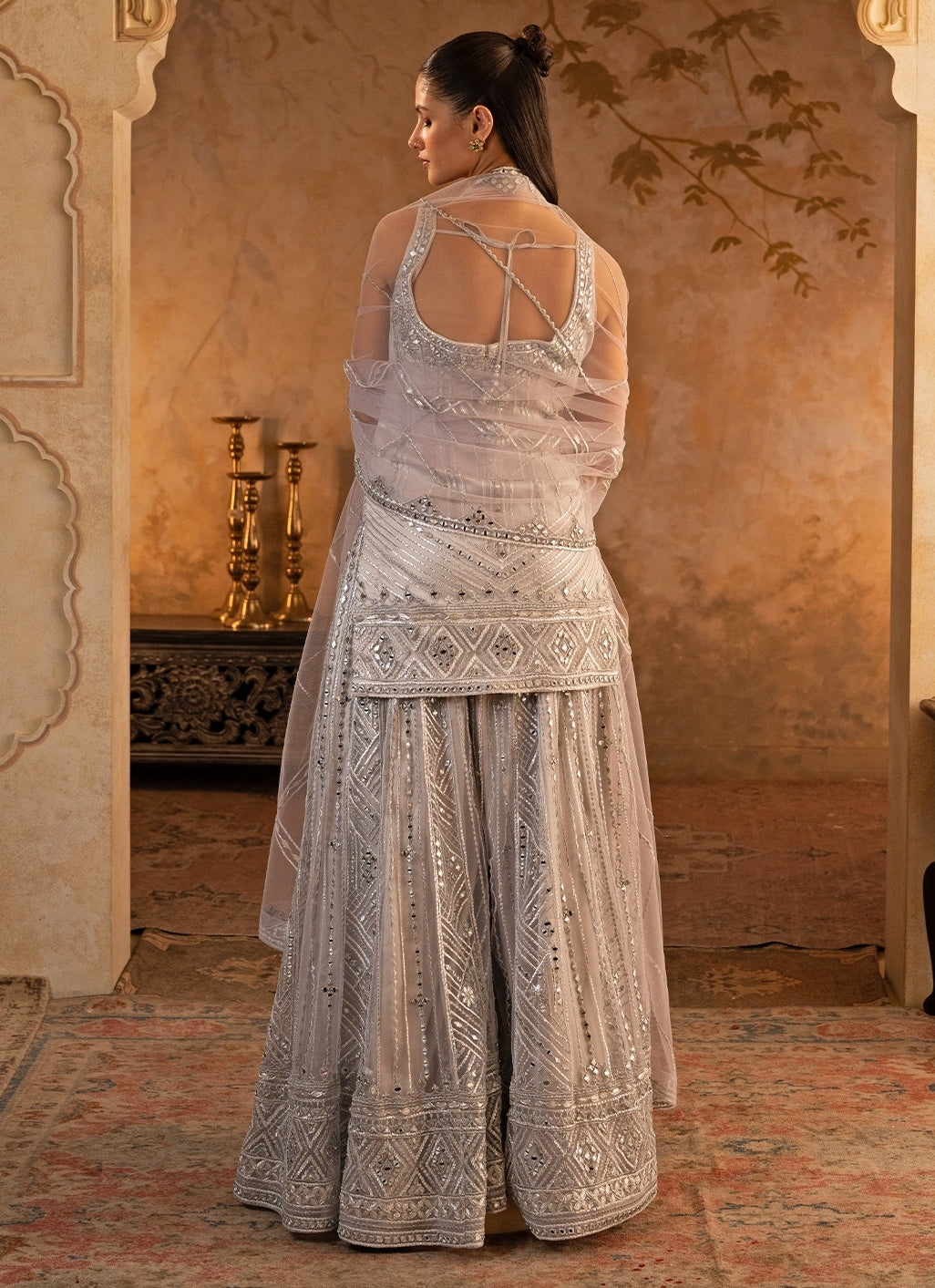Grey Soft Net Kurta Sharara Set