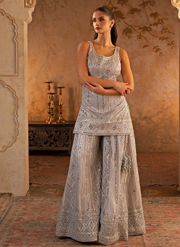 Grey Soft Net Kurta Sharara Set
