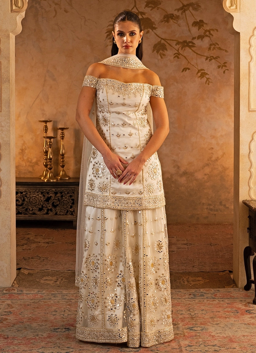 Ivory Soft Net Kurta Sharara Set