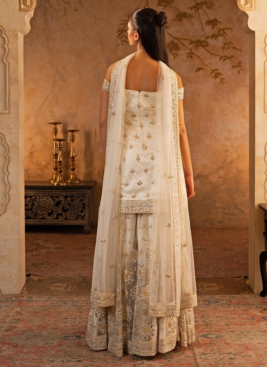 Ivory Soft Net Kurta Sharara Set