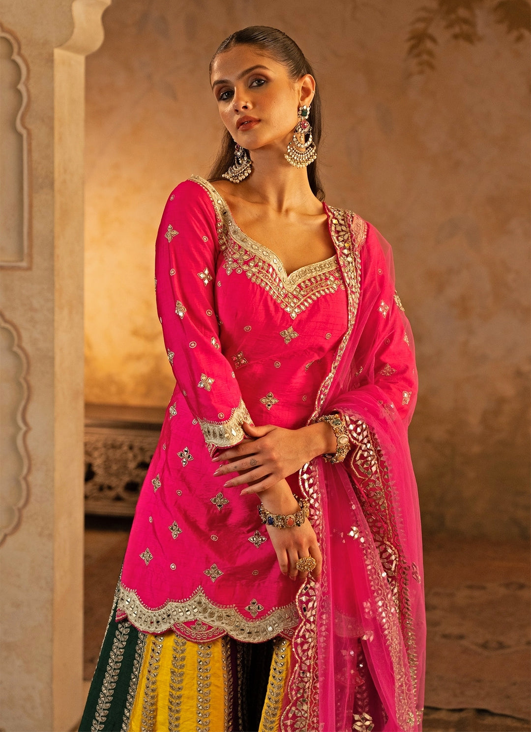 Pink And Multicolor Raw Silk Kurta Sharara