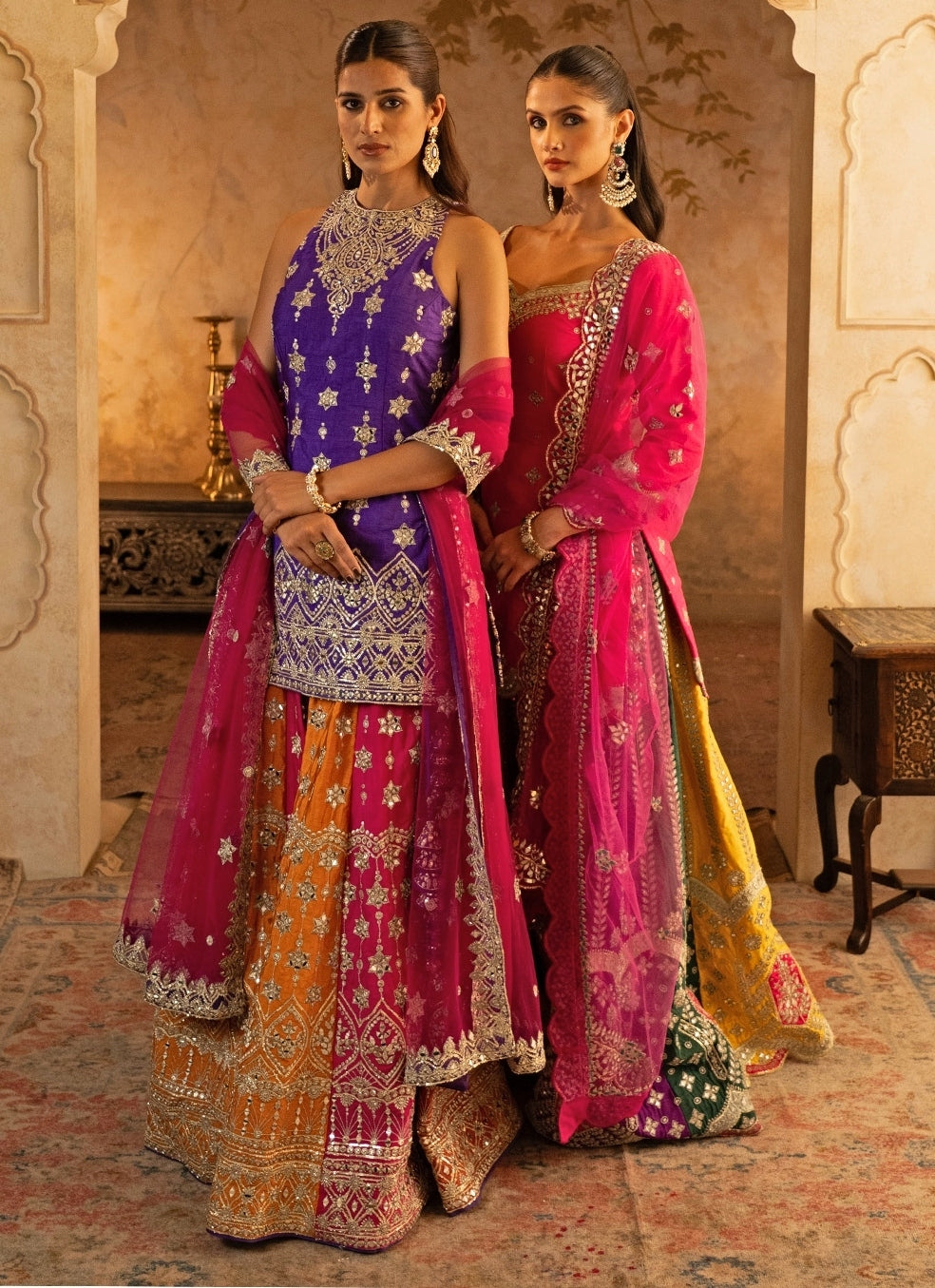 Pink And Multicolor Raw Silk Kurta Sharara