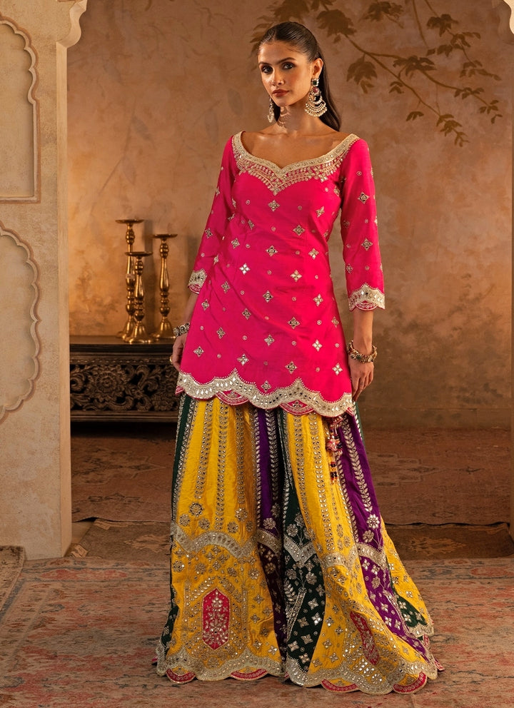 Pink And Multicolor Raw Silk Kurta Sharara