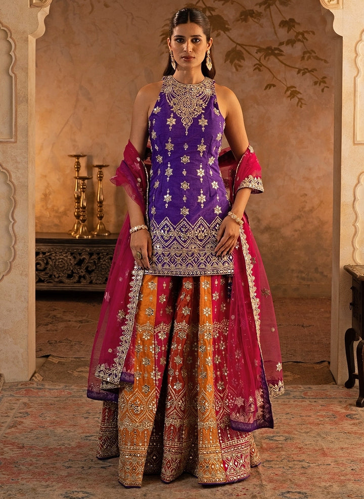 Purple And Multicolor Raw Silk Kurta Sharara
