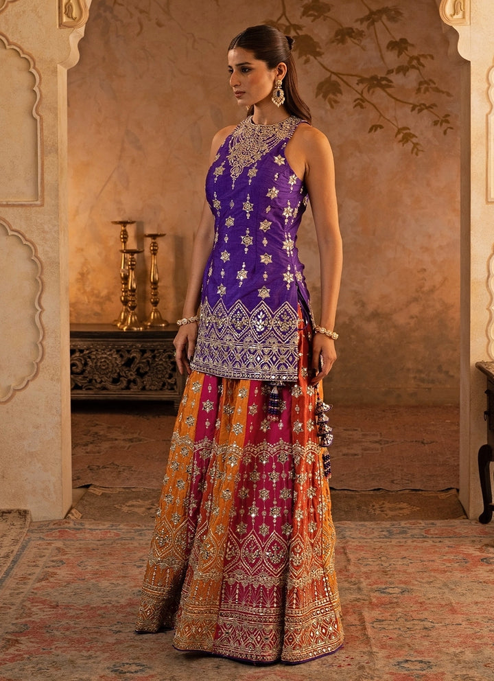 Purple And Multicolor Raw Silk Kurta Sharara