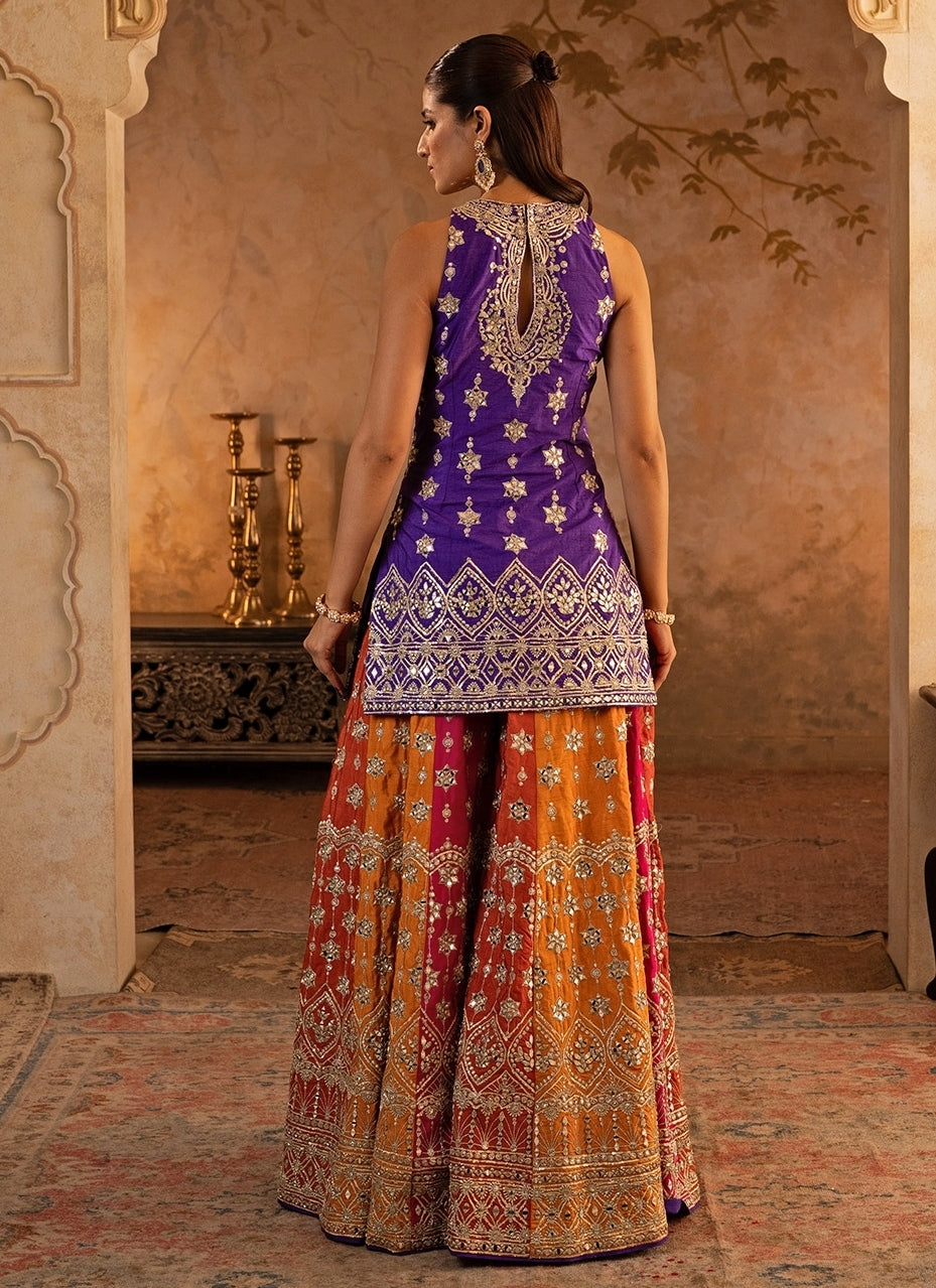 Purple And Multicolor Raw Silk Kurta Sharara
