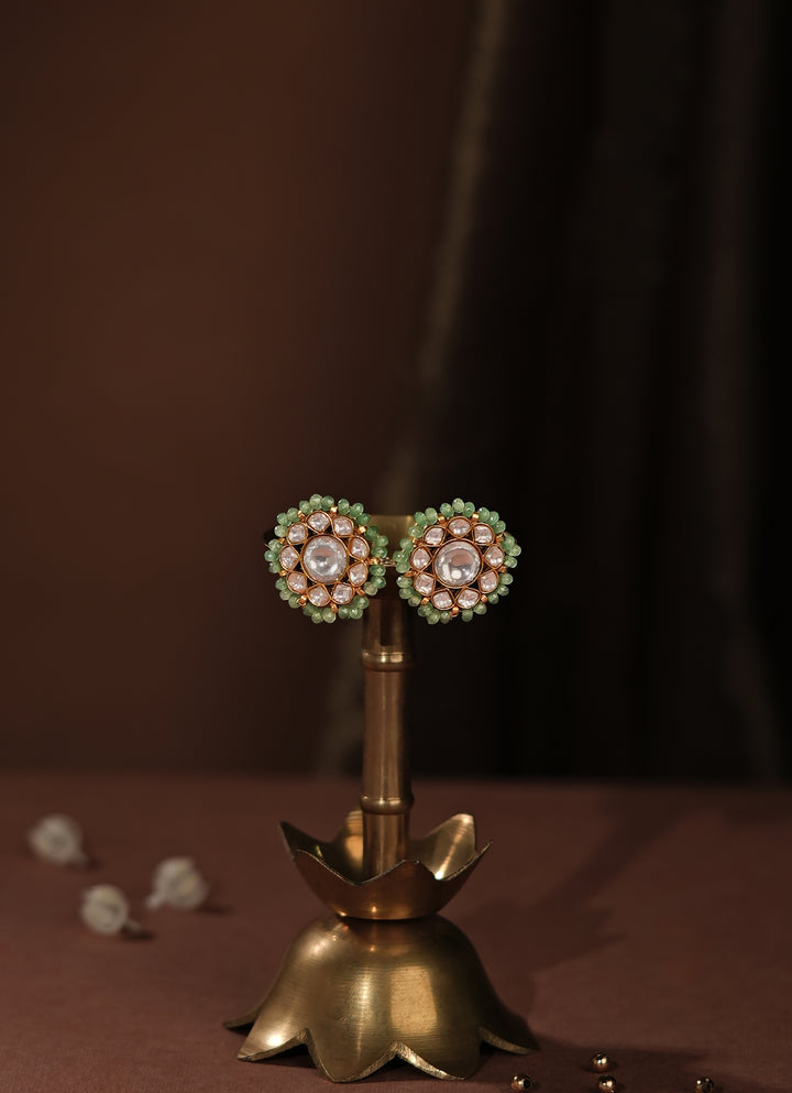 Sea Green Beaded Matte Gold Stud Earrings