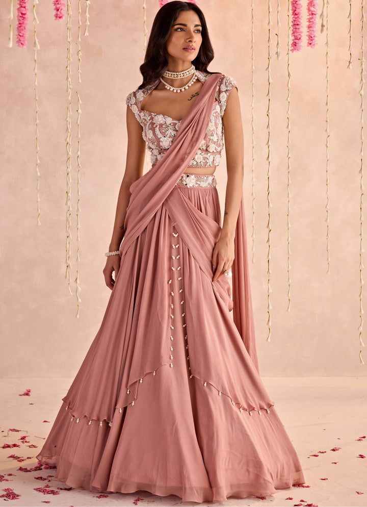 Champagne Pink Embroidered Lehenga Set