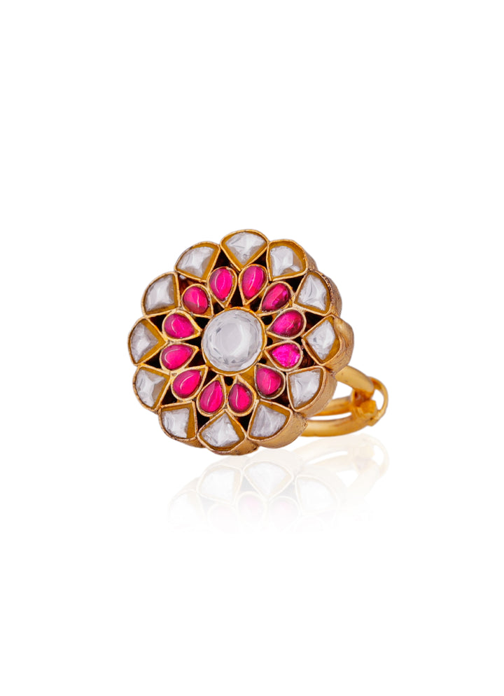 Pink And White Jadau Stone Floral Ring
