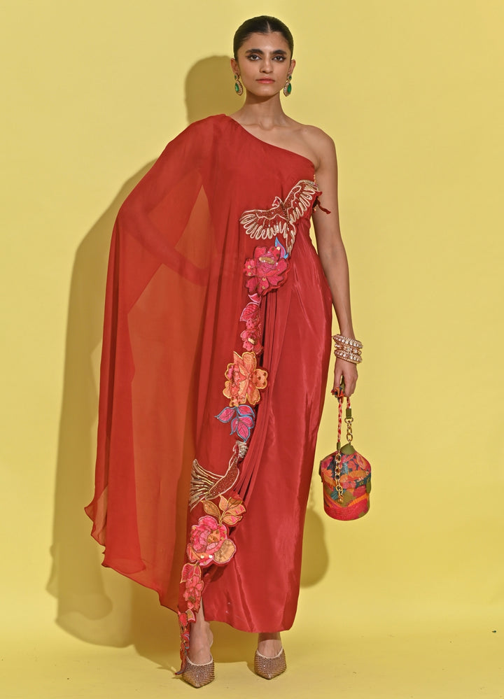 Crimson Red Crepe Drape Skirt Set