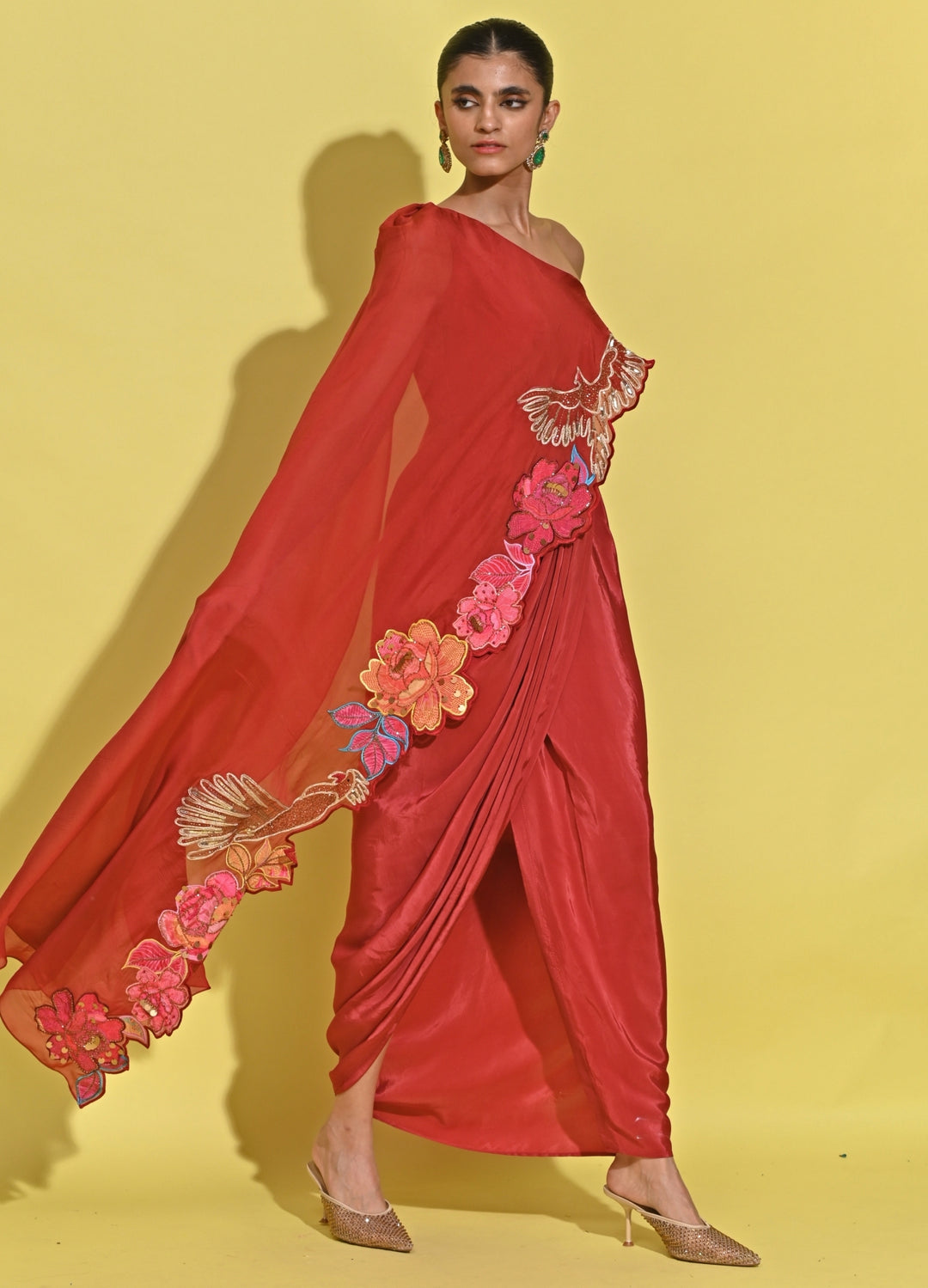 Crimson Red Crepe Drape Skirt Set