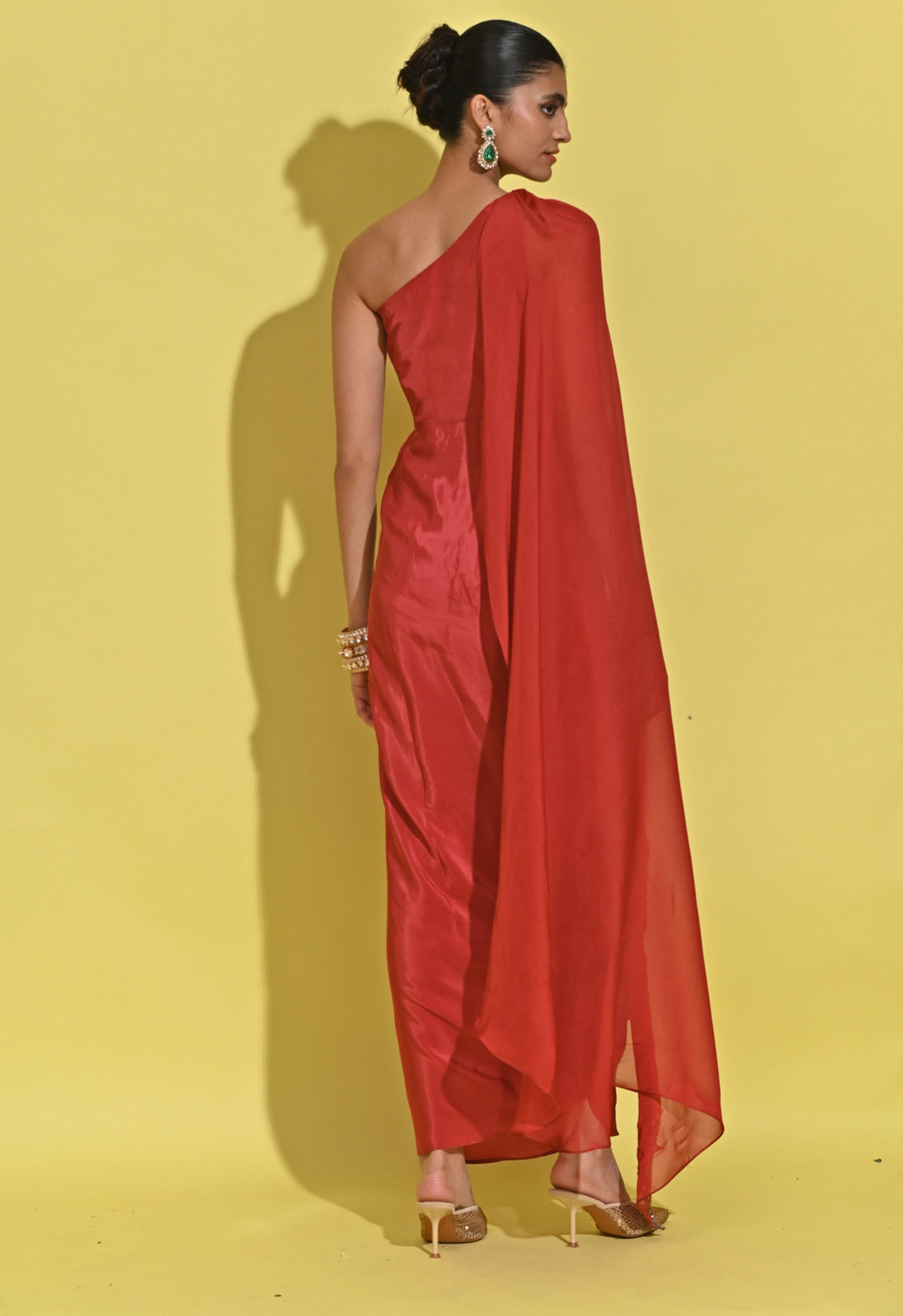Crimson Red Crepe Drape Skirt Set
