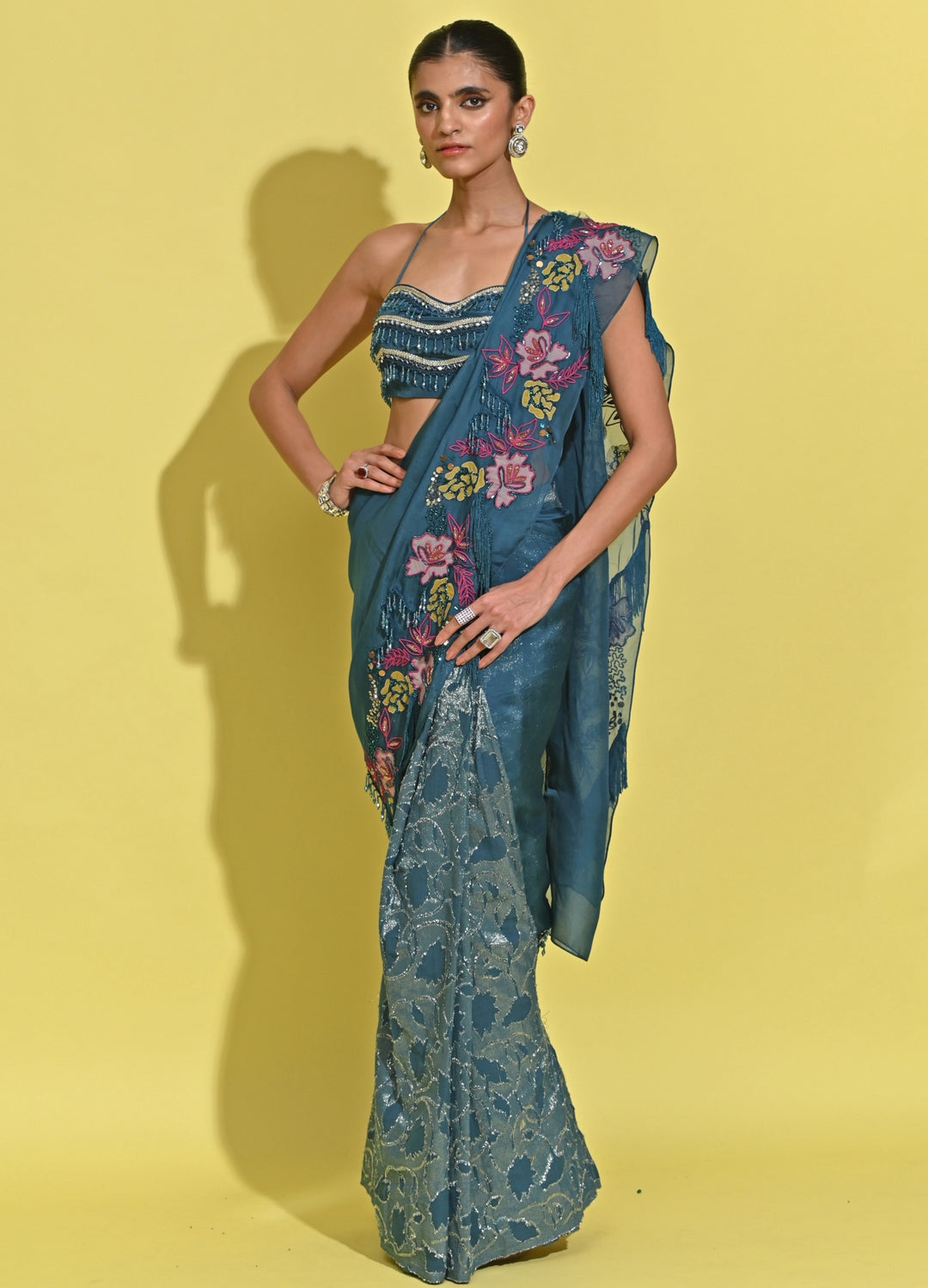Blue Printed Organza Pre-Draped Saree