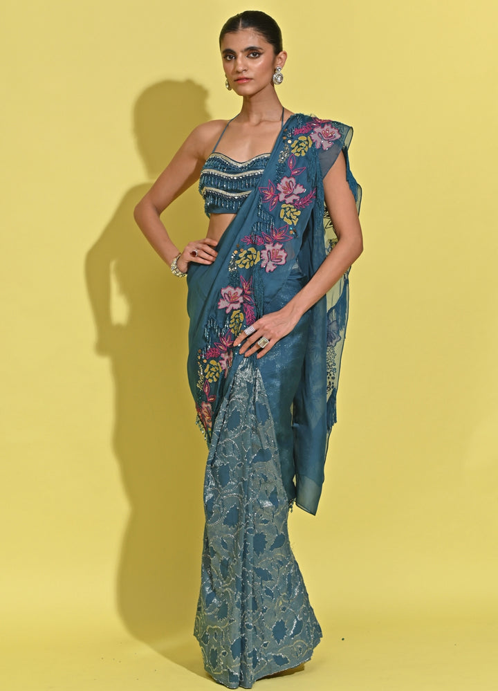 Blue Printed Organza Pre-Draped Saree