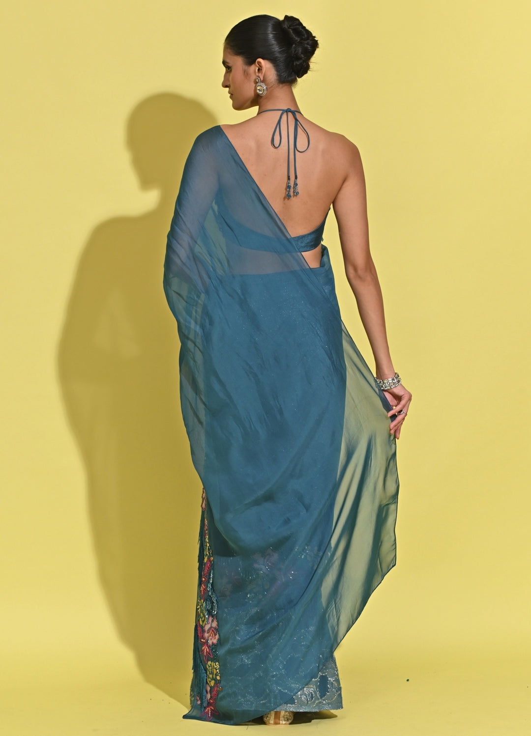 Blue Printed Organza Pre-Draped Saree