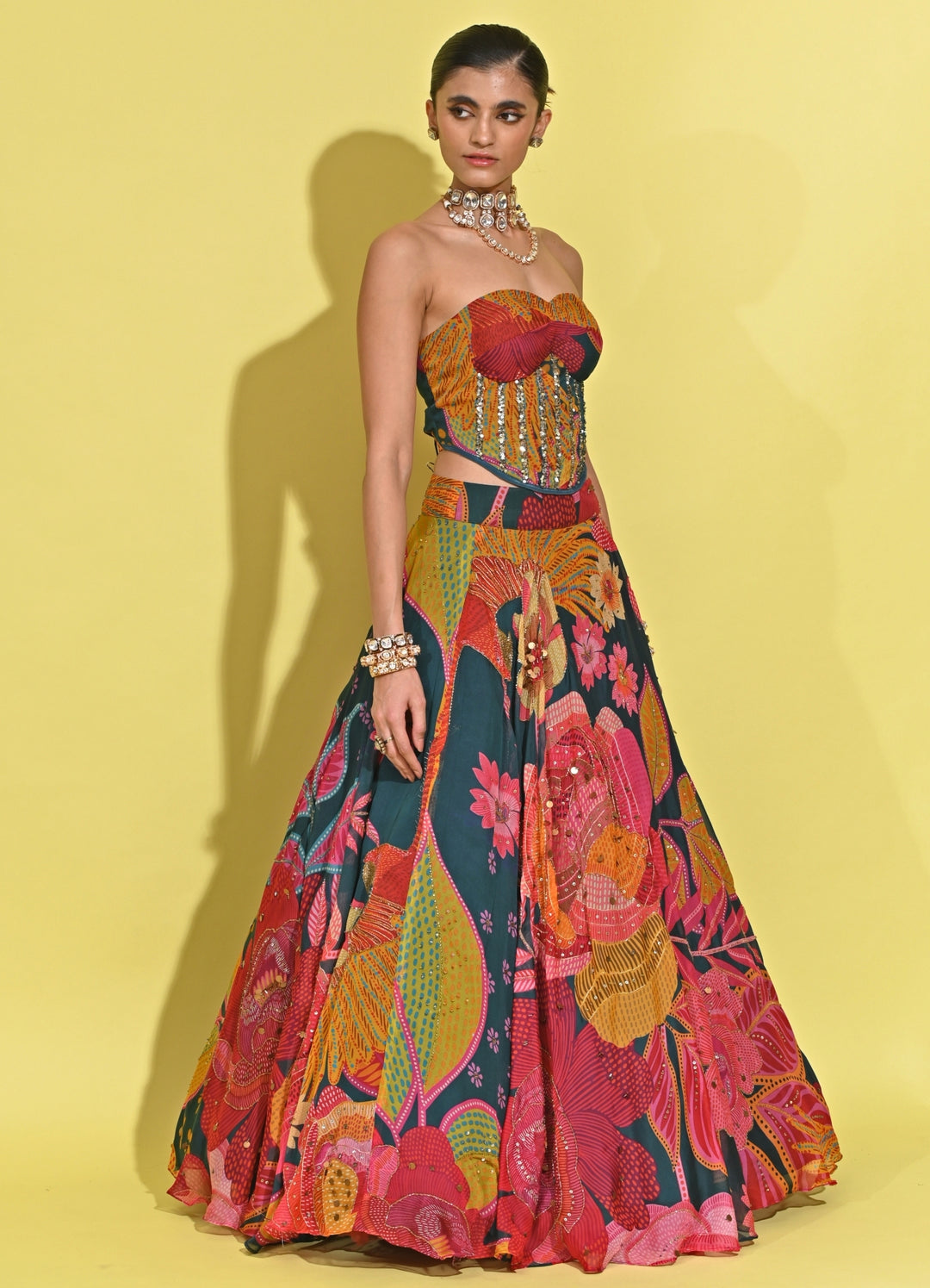Blue Printed Crepe Corset Lehenga Set