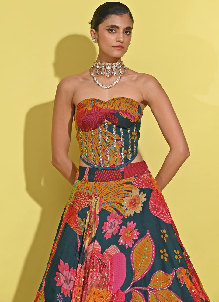 Blue Printed Crepe Corset Lehenga Set