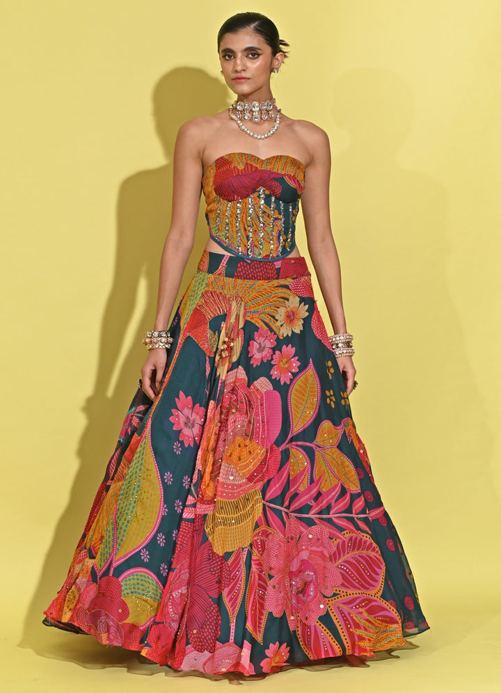 Blue Printed Crepe Corset Lehenga Set