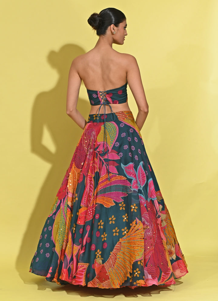 Blue Printed Crepe Corset Lehenga Set