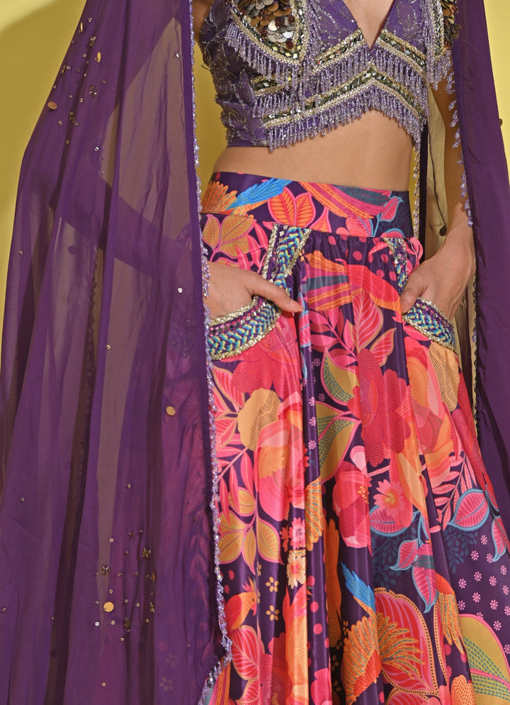 Purple And Pink Printed Crepe Lehenga Set