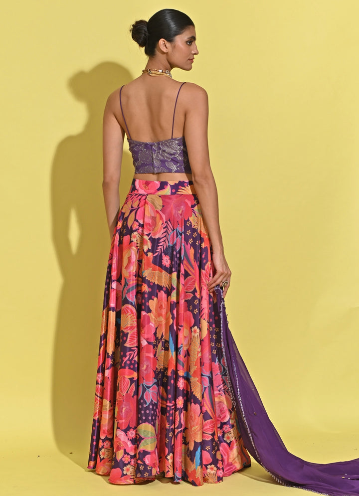 Purple And Pink Printed Crepe Lehenga Set