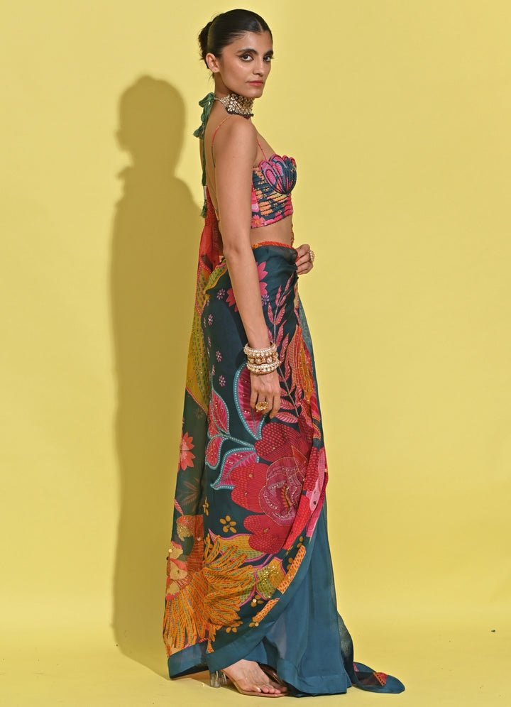 Blue Printed Organza Saree With Corset Blouse