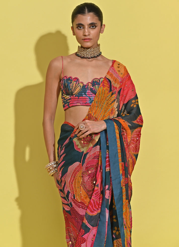 Blue Printed Organza Saree With Corset Blouse