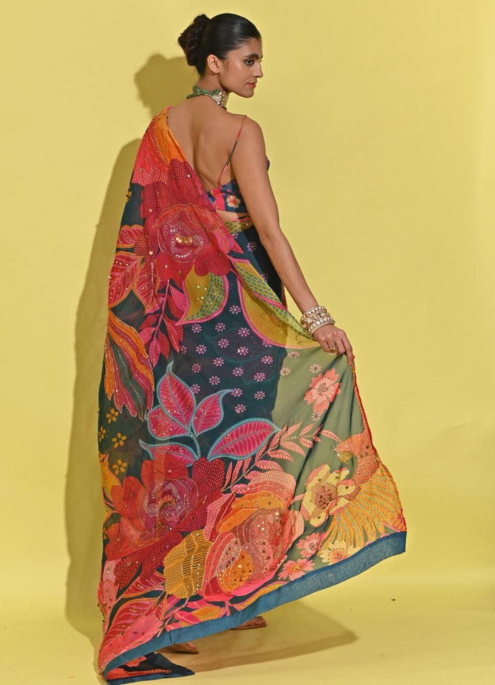 Blue Printed Organza Saree With Corset Blouse