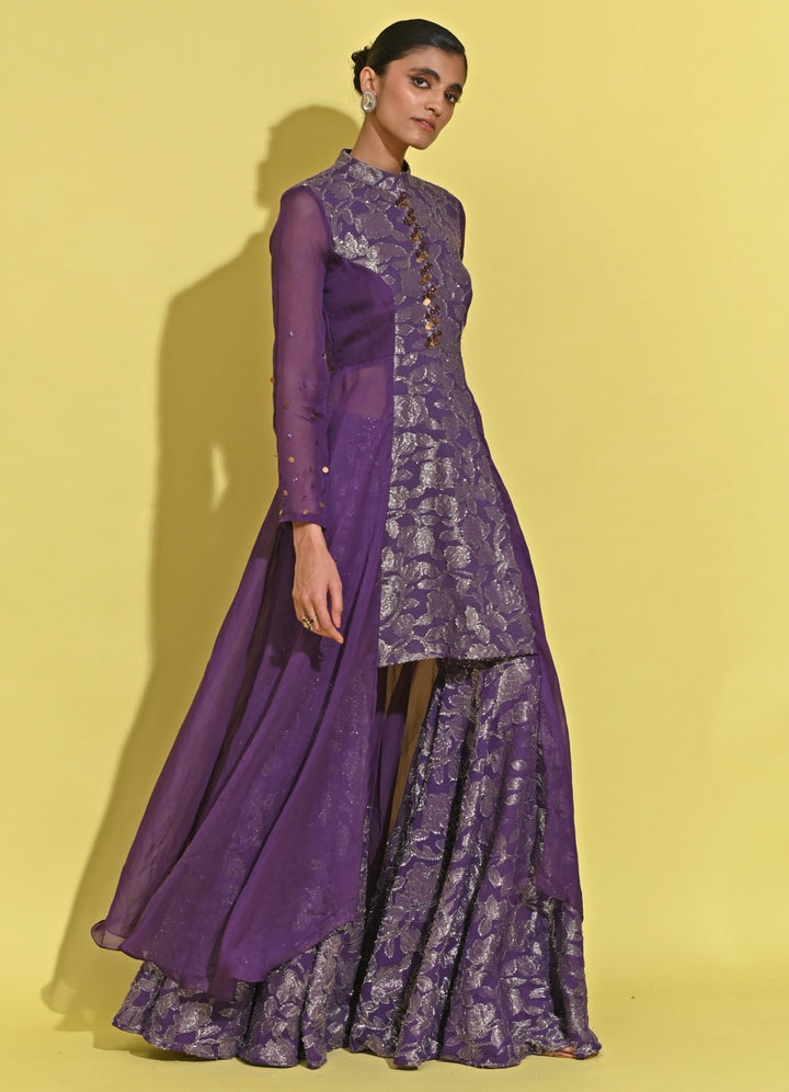 Purple Jacquard Kurta Sharara Set