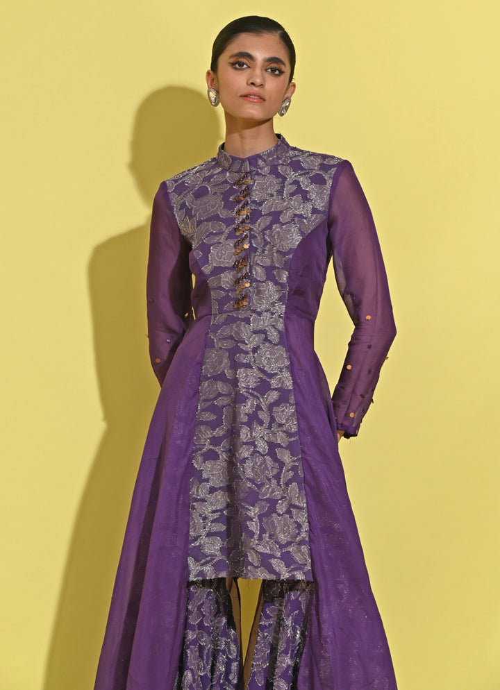 Purple Jacquard Kurta Sharara Set