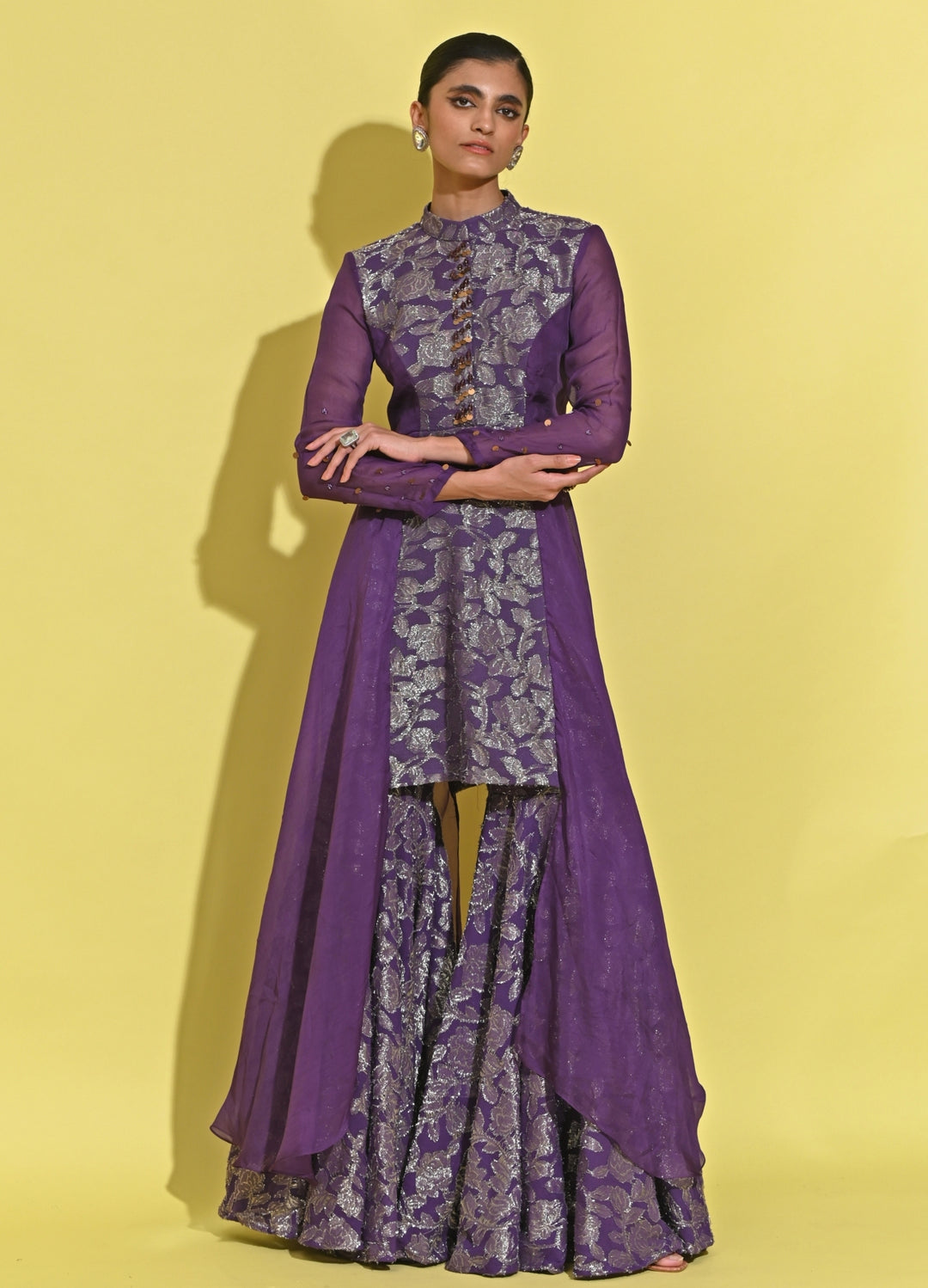 Purple Jacquard Kurta Sharara Set
