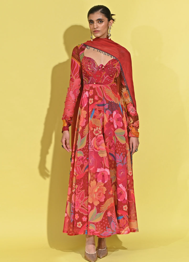 Crimson Red Crepe Anarkali Set