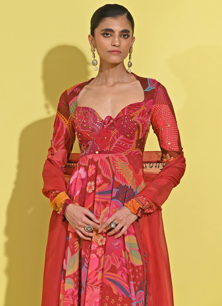 Crimson Red Crepe Anarkali Set