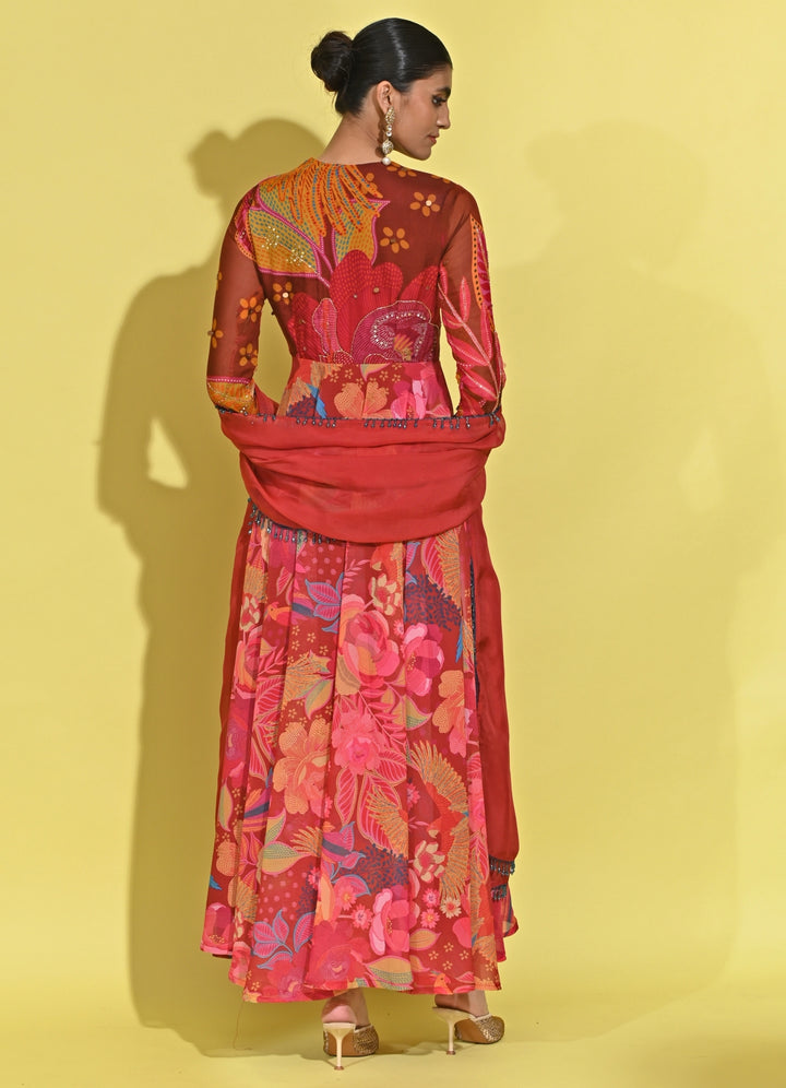 Crimson Red Crepe Anarkali Set