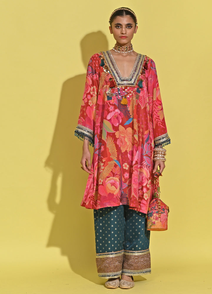 Crimson Red And Blue Crepe Kurta Pants Set