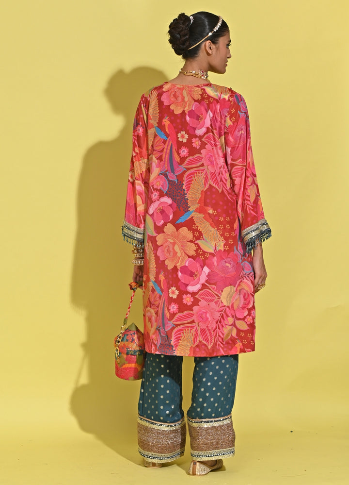 Crimson Red And Blue Crepe Kurta Pants Set