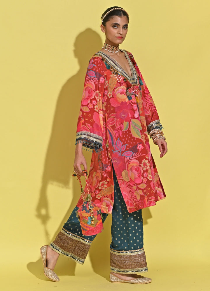 Crimson Red And Blue Crepe Kurta Pants Set