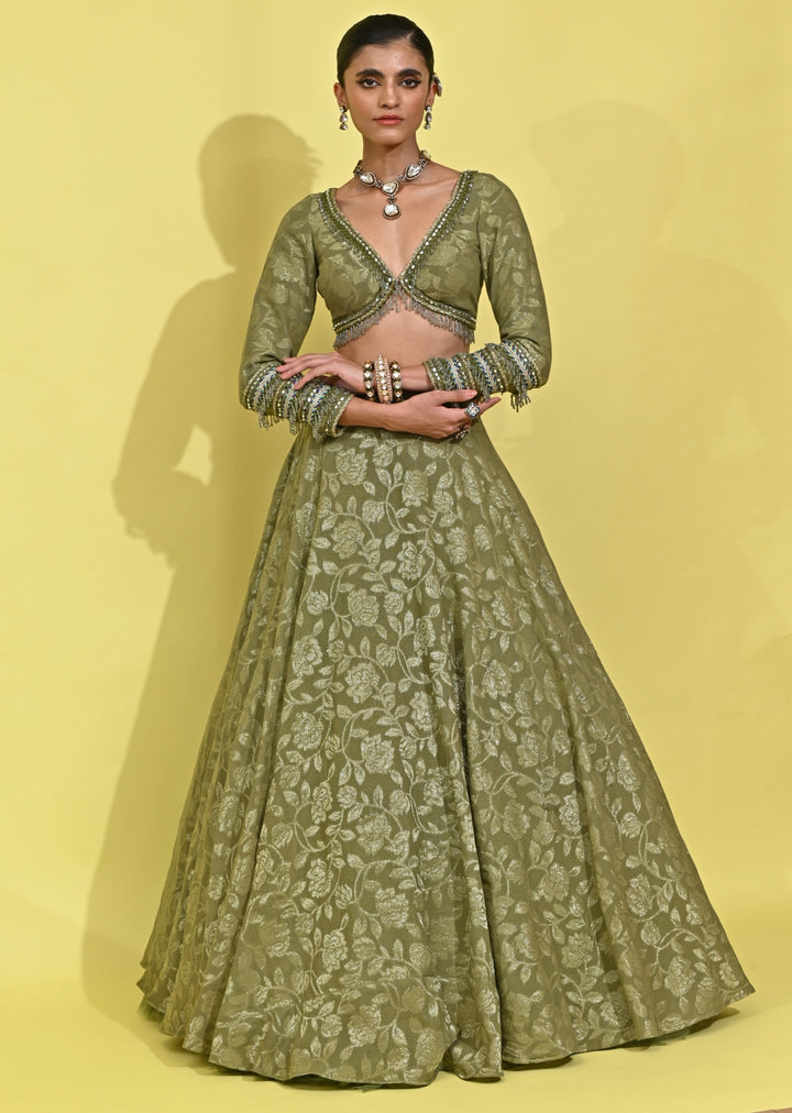 Green Chanderi Georgette Lehenga Set