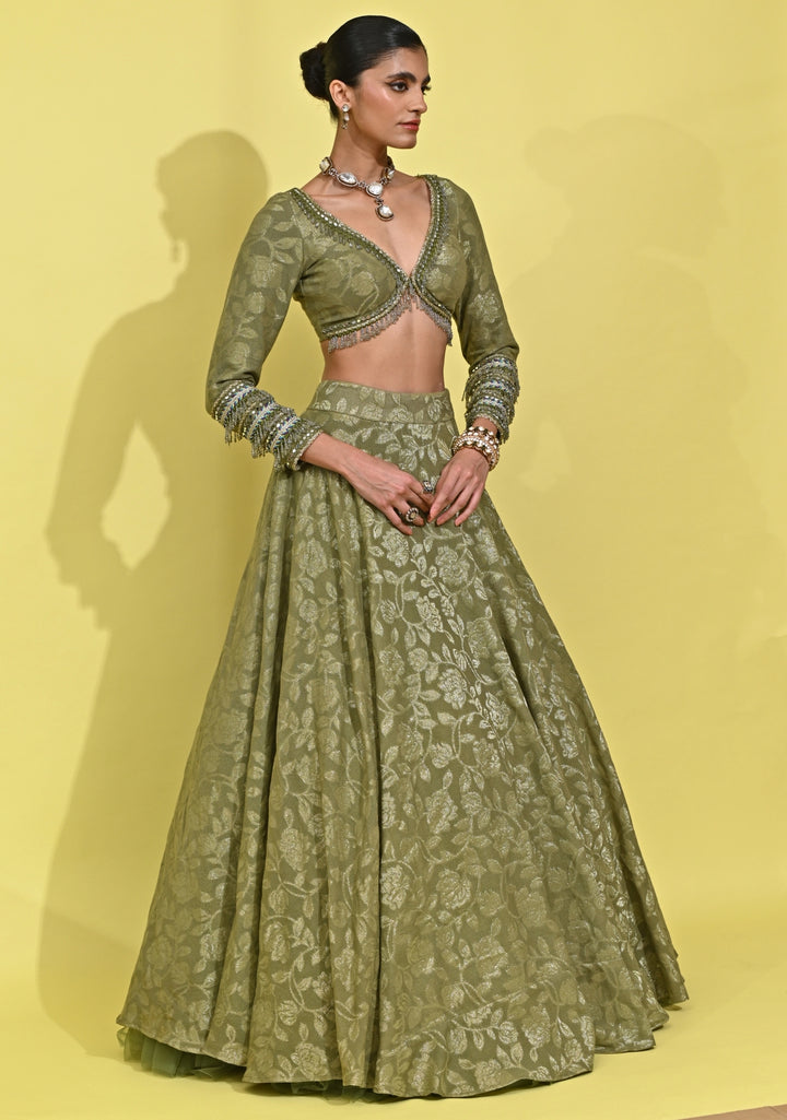 Green Chanderi Georgette Lehenga Set
