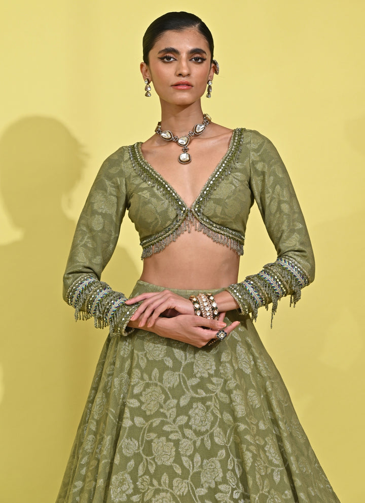 Green Chanderi Georgette Lehenga Set