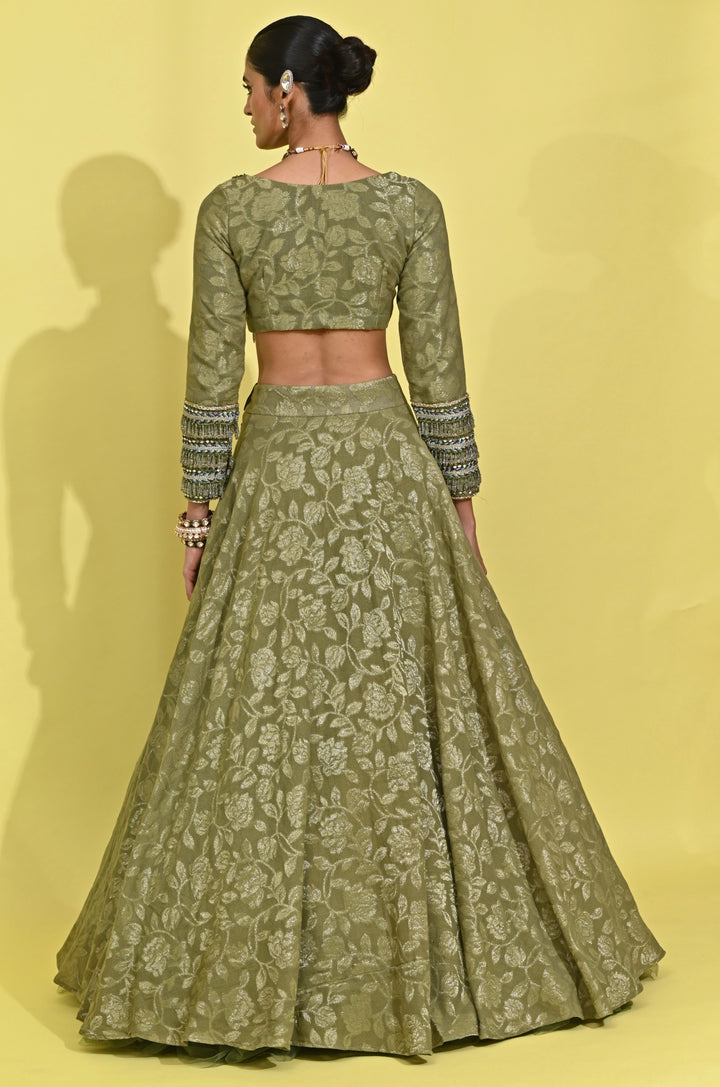 Green Chanderi Georgette Lehenga Set