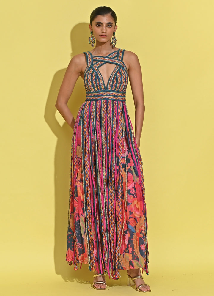 Blue And Pink Crepe Pants Set